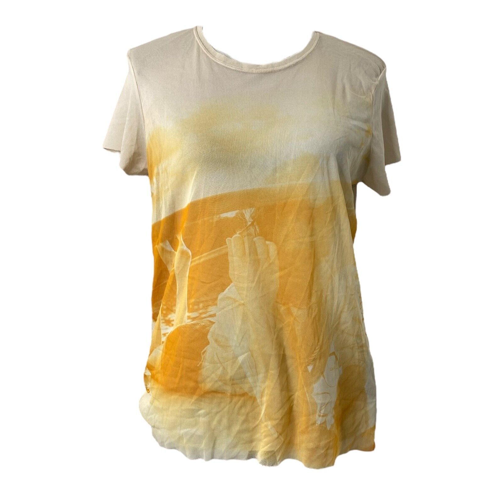 Womens Large Shirt Zara Basics Col Yellow And White See Through Negative Print